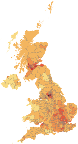A heat map of the UK showing where the highest number of signatures to the petition came from